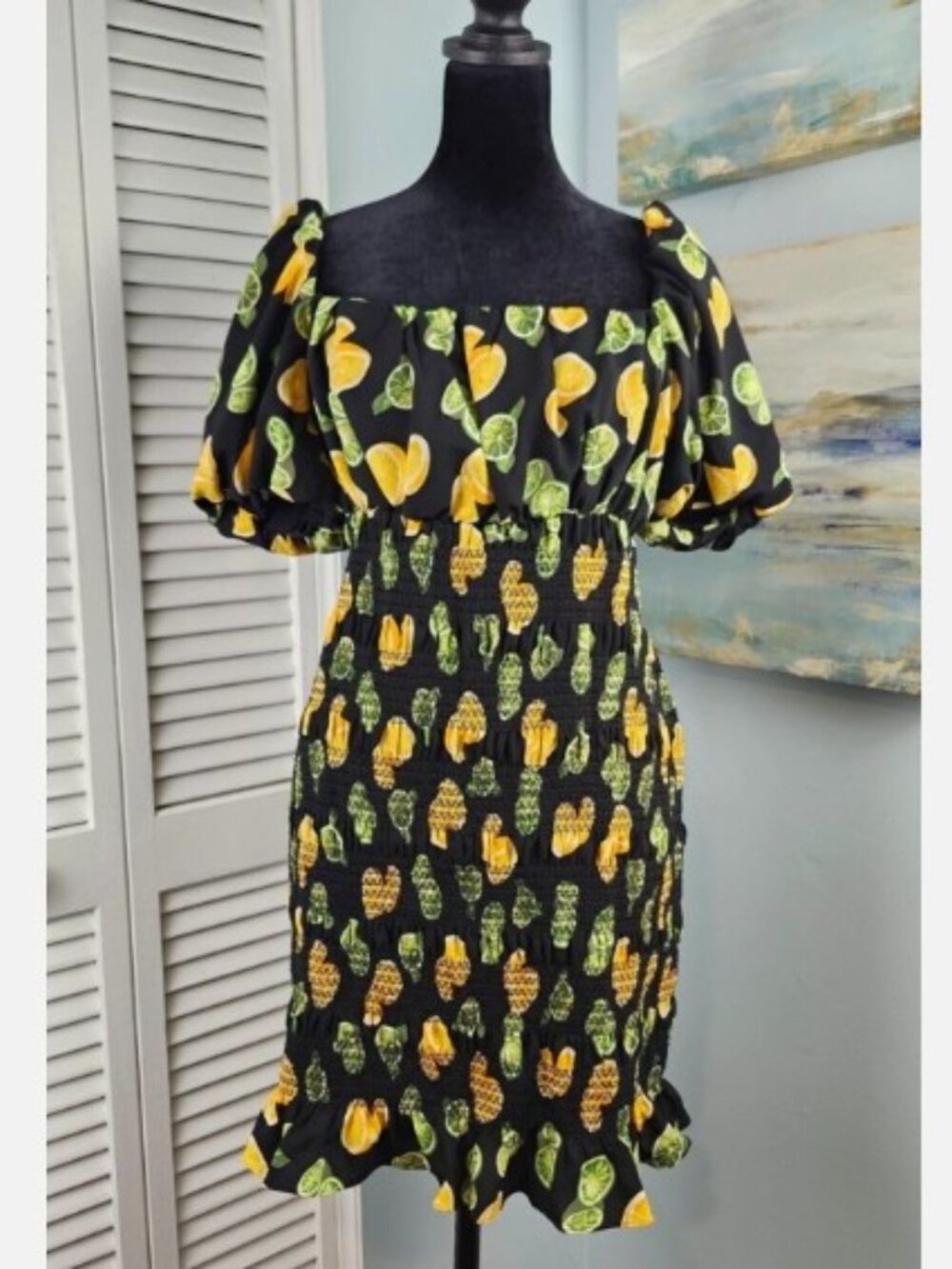 ASOS Fruit Print Dress 8 Puff Sleeve Square Neck Smocked Body-Hugging Skirt
